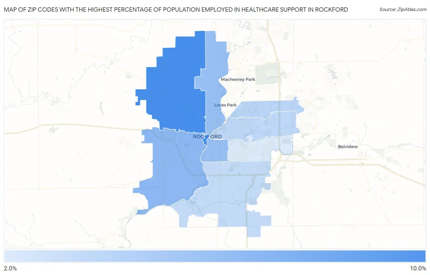Zip Codes with the Highest Percentage of Population Employed in Healthcare Support in Rockford Map