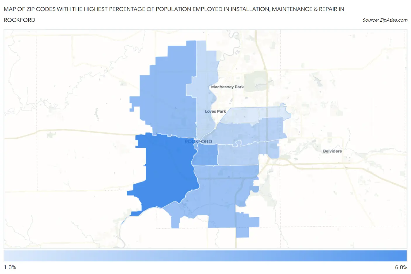 Zip Codes with the Highest Percentage of Population Employed in Installation, Maintenance & Repair in Rockford Map