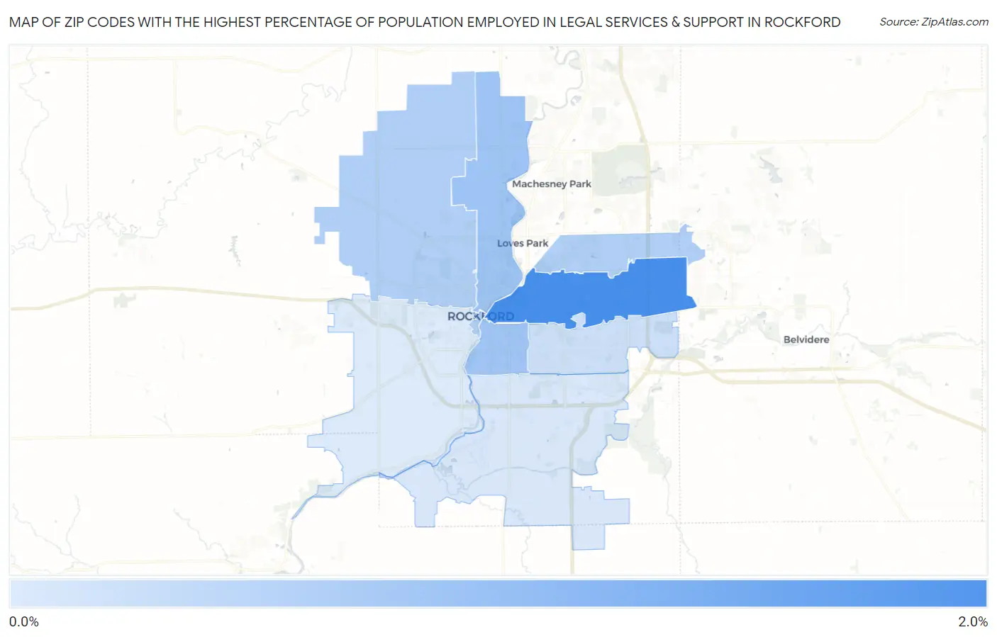 Zip Codes with the Highest Percentage of Population Employed in Legal Services & Support in Rockford Map