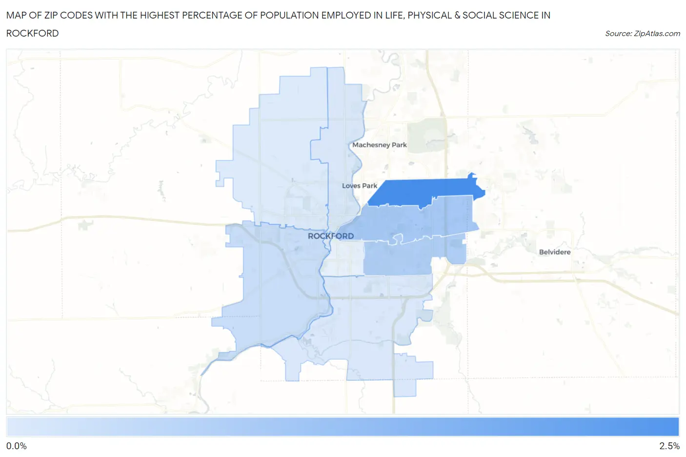 Zip Codes with the Highest Percentage of Population Employed in Life, Physical & Social Science in Rockford Map