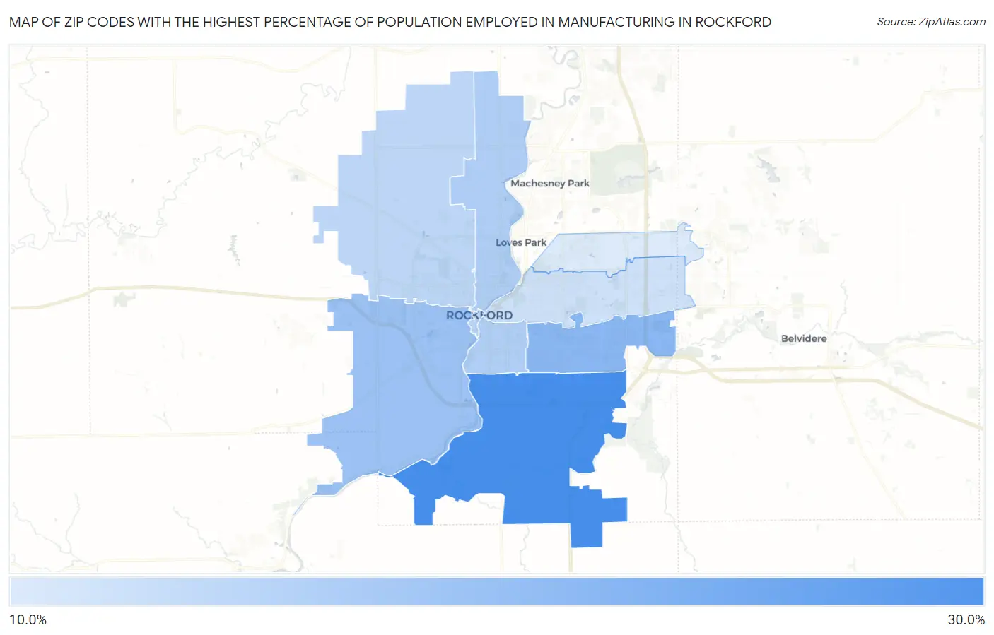 Zip Codes with the Highest Percentage of Population Employed in Manufacturing in Rockford Map
