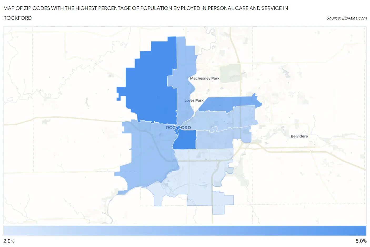 Zip Codes with the Highest Percentage of Population Employed in Personal Care and Service in Rockford Map