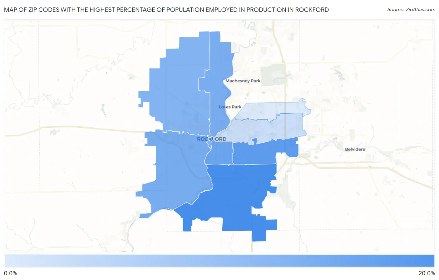 Zip Codes with the Highest Percentage of Population Employed in Production in Rockford Map