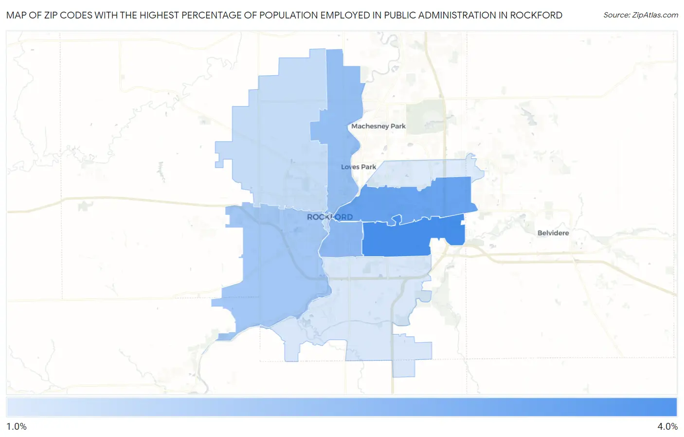Zip Codes with the Highest Percentage of Population Employed in Public Administration in Rockford Map