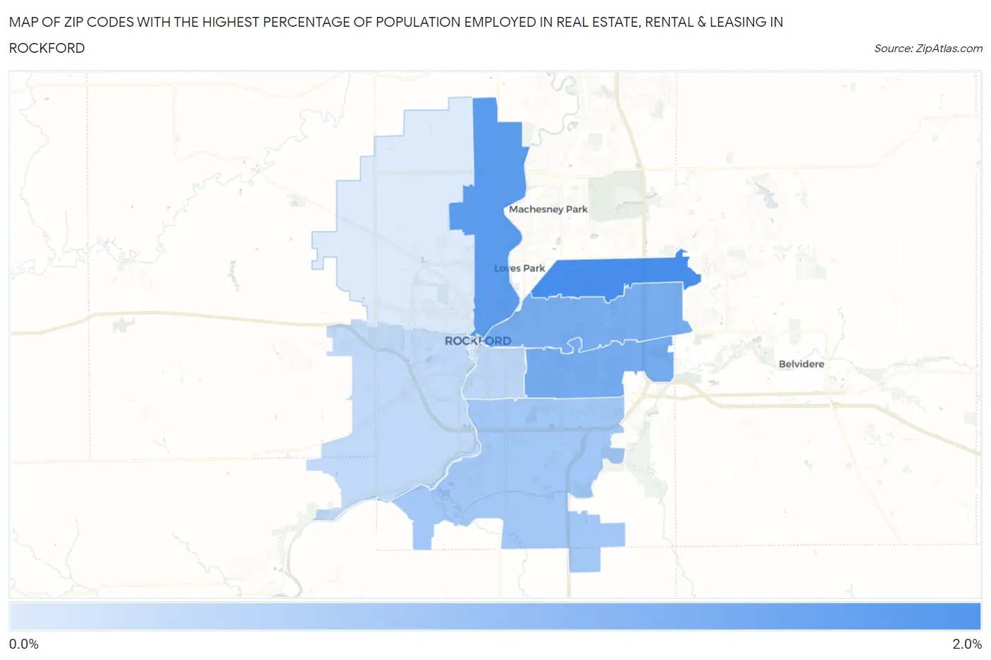 Zip Codes with the Highest Percentage of Population Employed in Real Estate, Rental & Leasing in Rockford Map