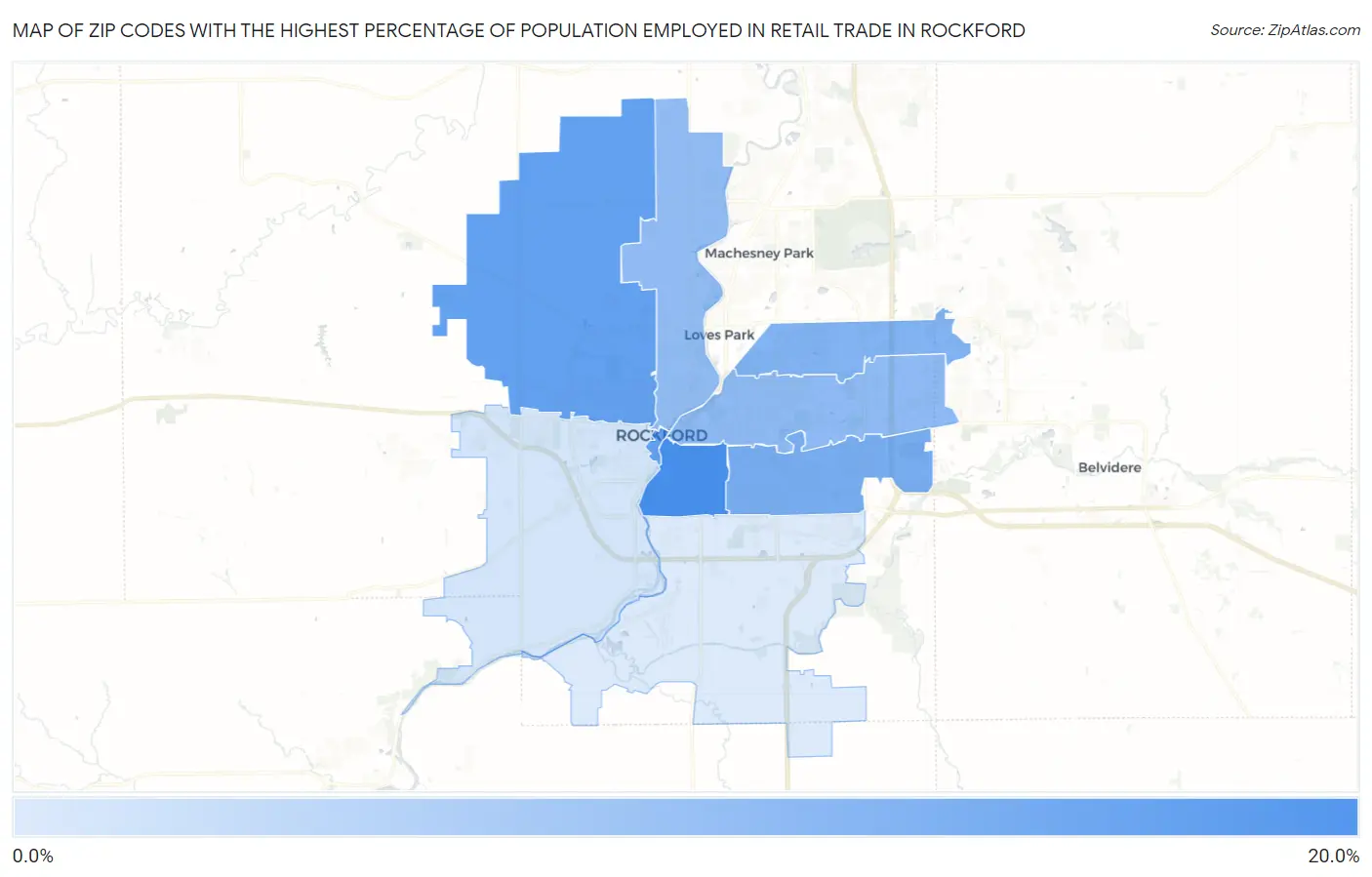 Zip Codes with the Highest Percentage of Population Employed in Retail Trade in Rockford Map