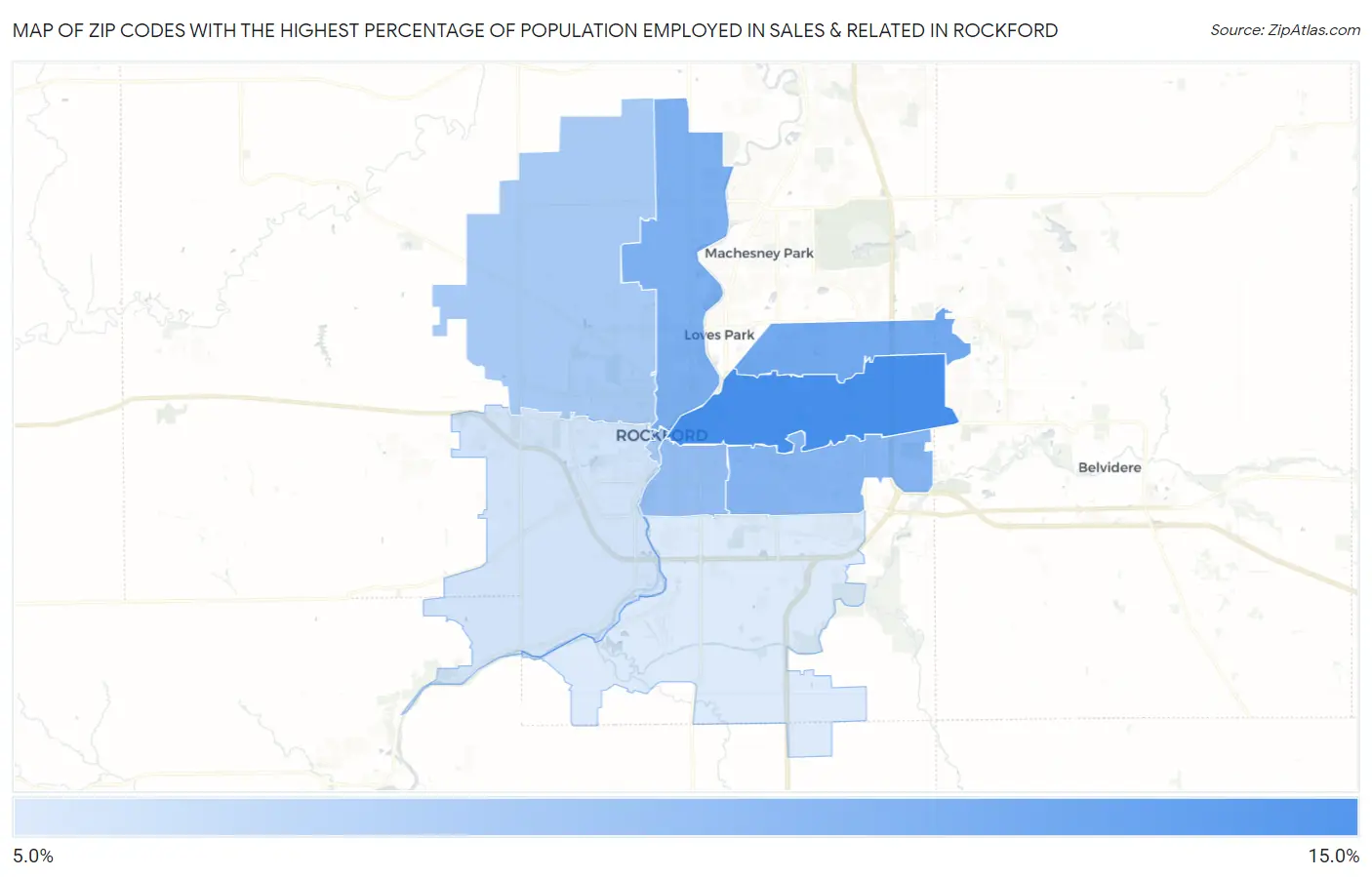 Zip Codes with the Highest Percentage of Population Employed in Sales & Related in Rockford Map