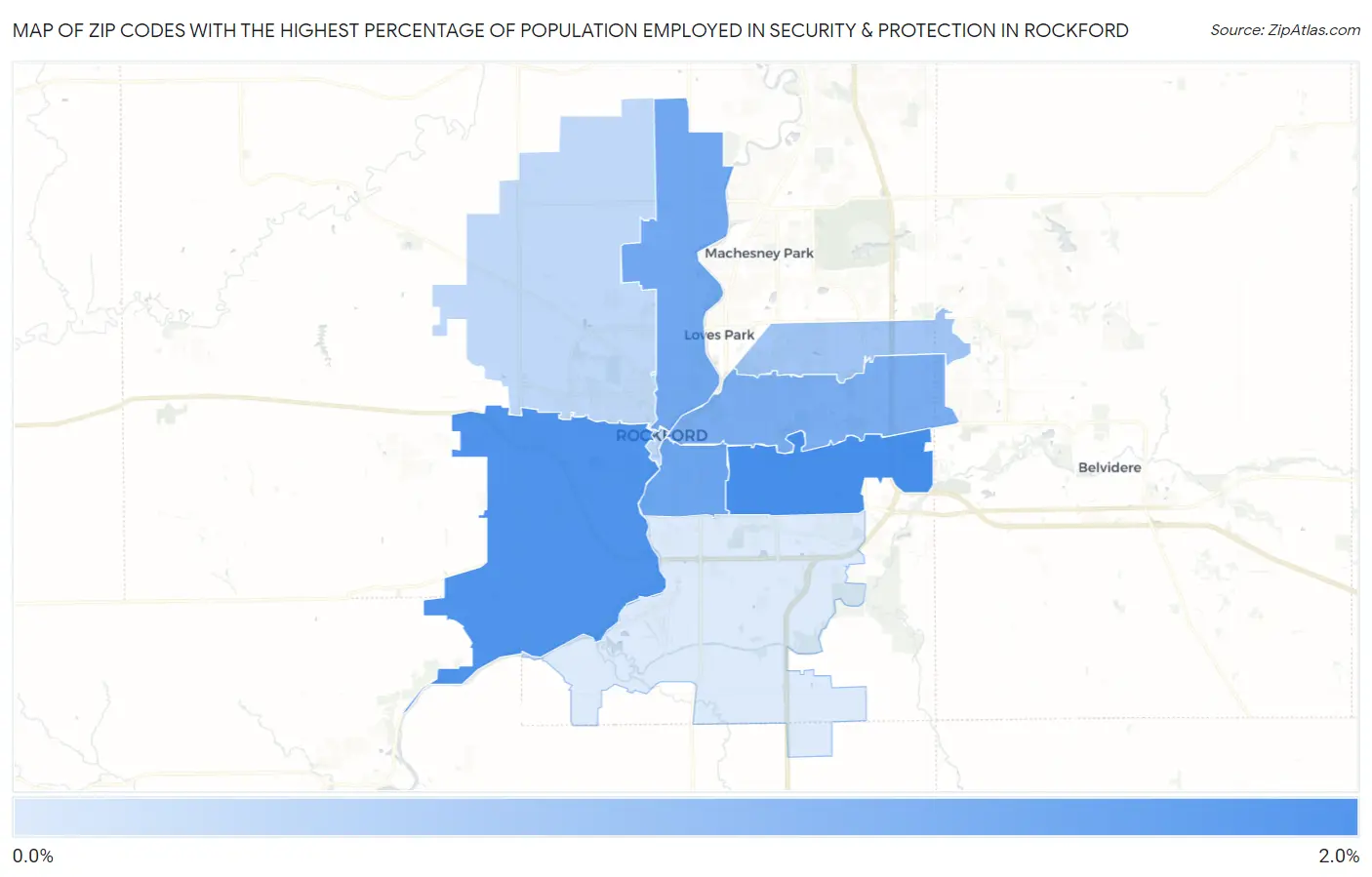 Zip Codes with the Highest Percentage of Population Employed in Security & Protection in Rockford Map