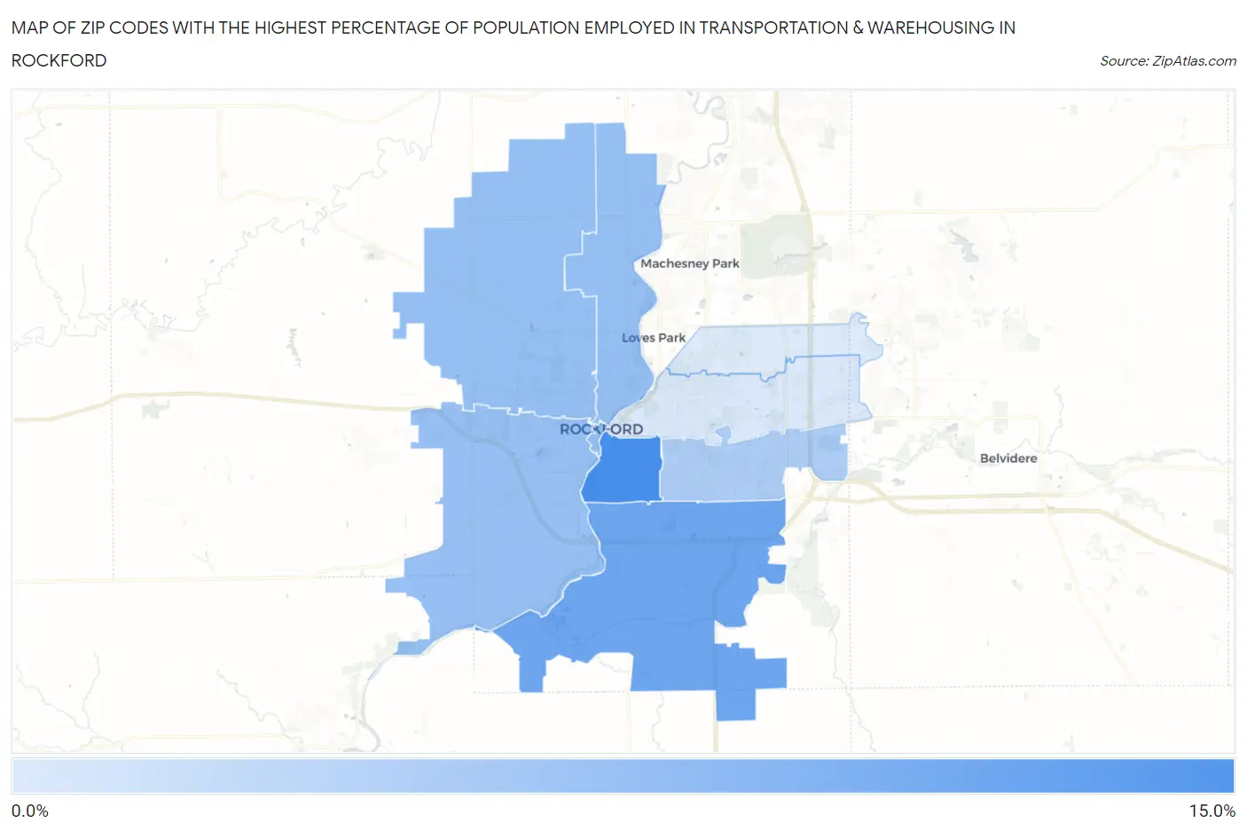 Zip Codes with the Highest Percentage of Population Employed in Transportation & Warehousing in Rockford Map