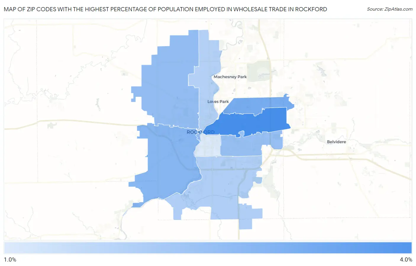 Zip Codes with the Highest Percentage of Population Employed in Wholesale Trade in Rockford Map