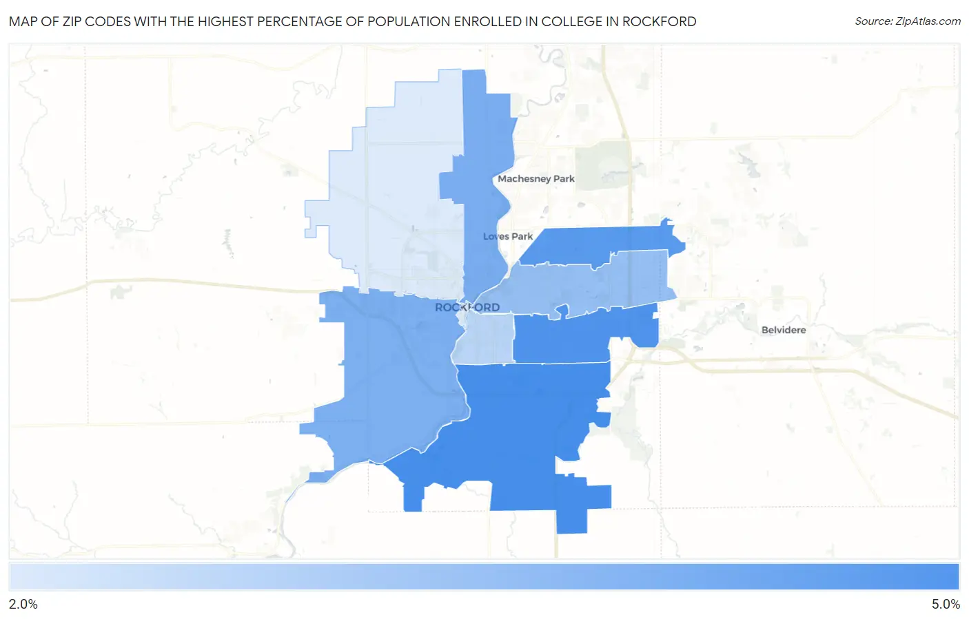 Zip Codes with the Highest Percentage of Population Enrolled in College in Rockford Map