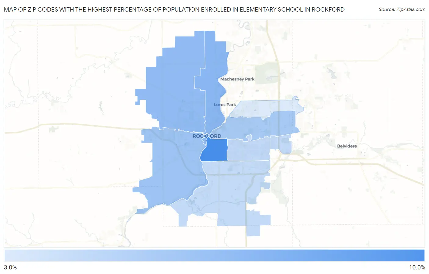 Zip Codes with the Highest Percentage of Population Enrolled in Elementary School in Rockford Map