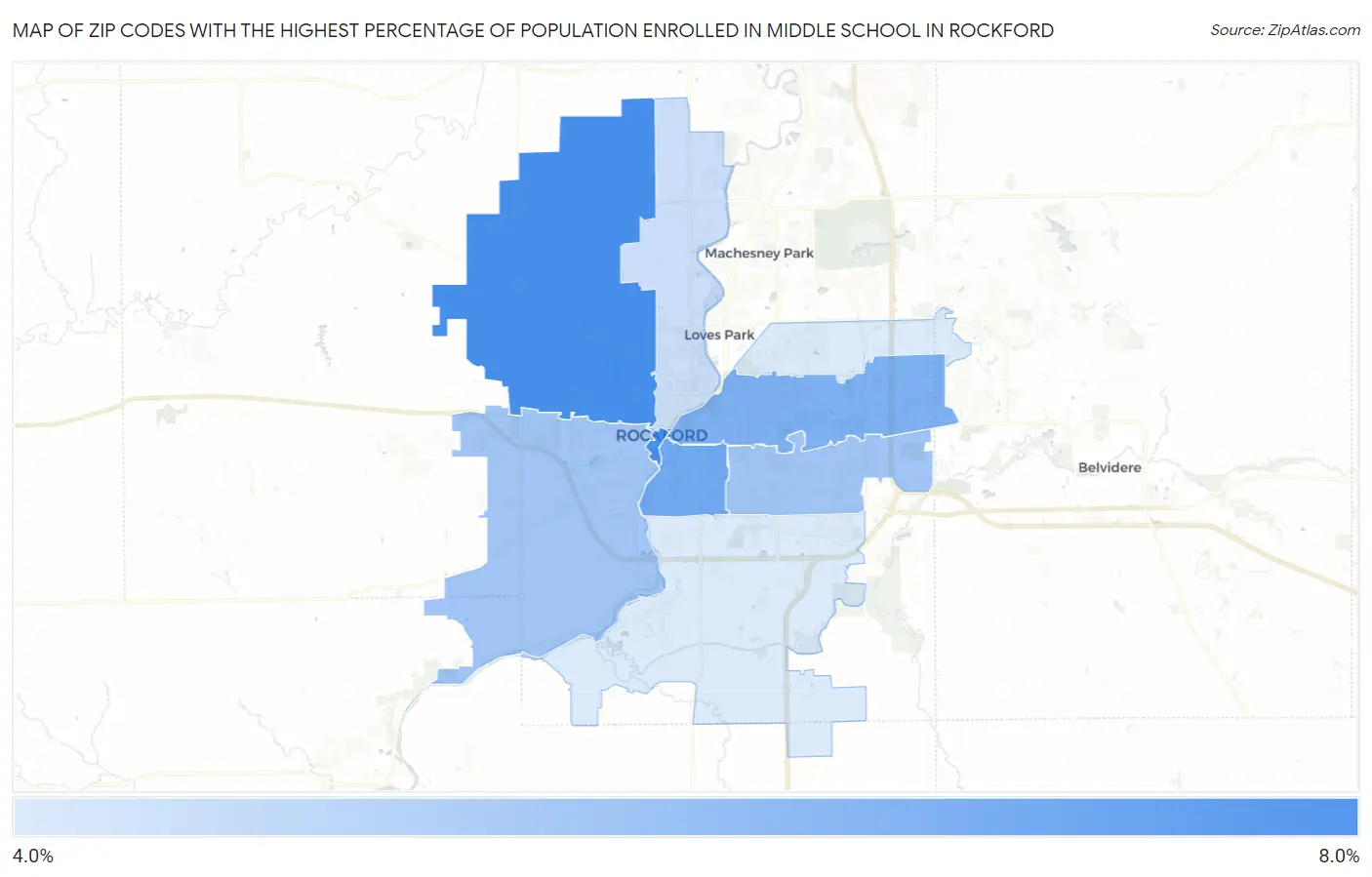 Zip Codes with the Highest Percentage of Population Enrolled in Middle School in Rockford Map