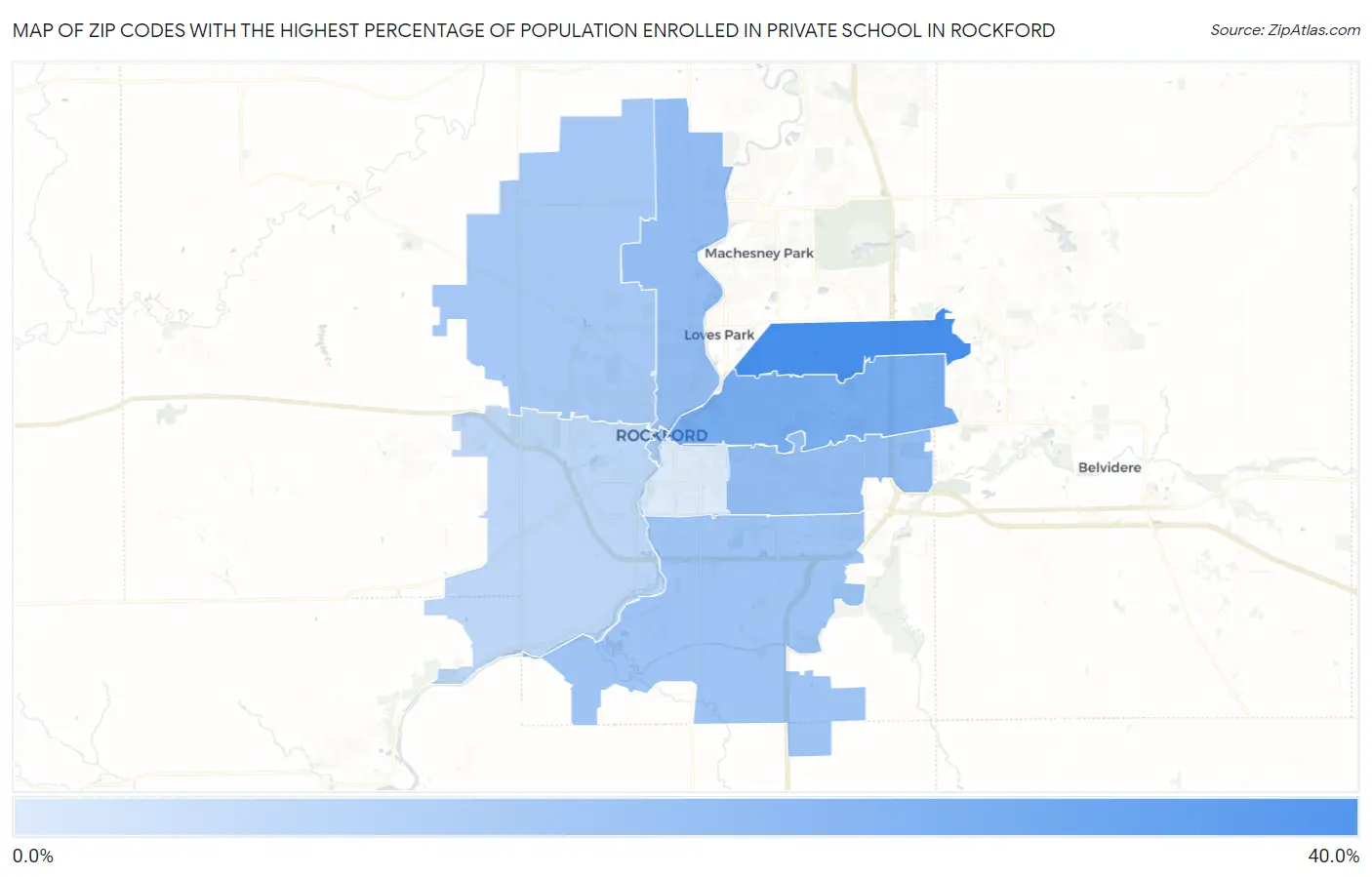 Zip Codes with the Highest Percentage of Population Enrolled in Private School in Rockford Map