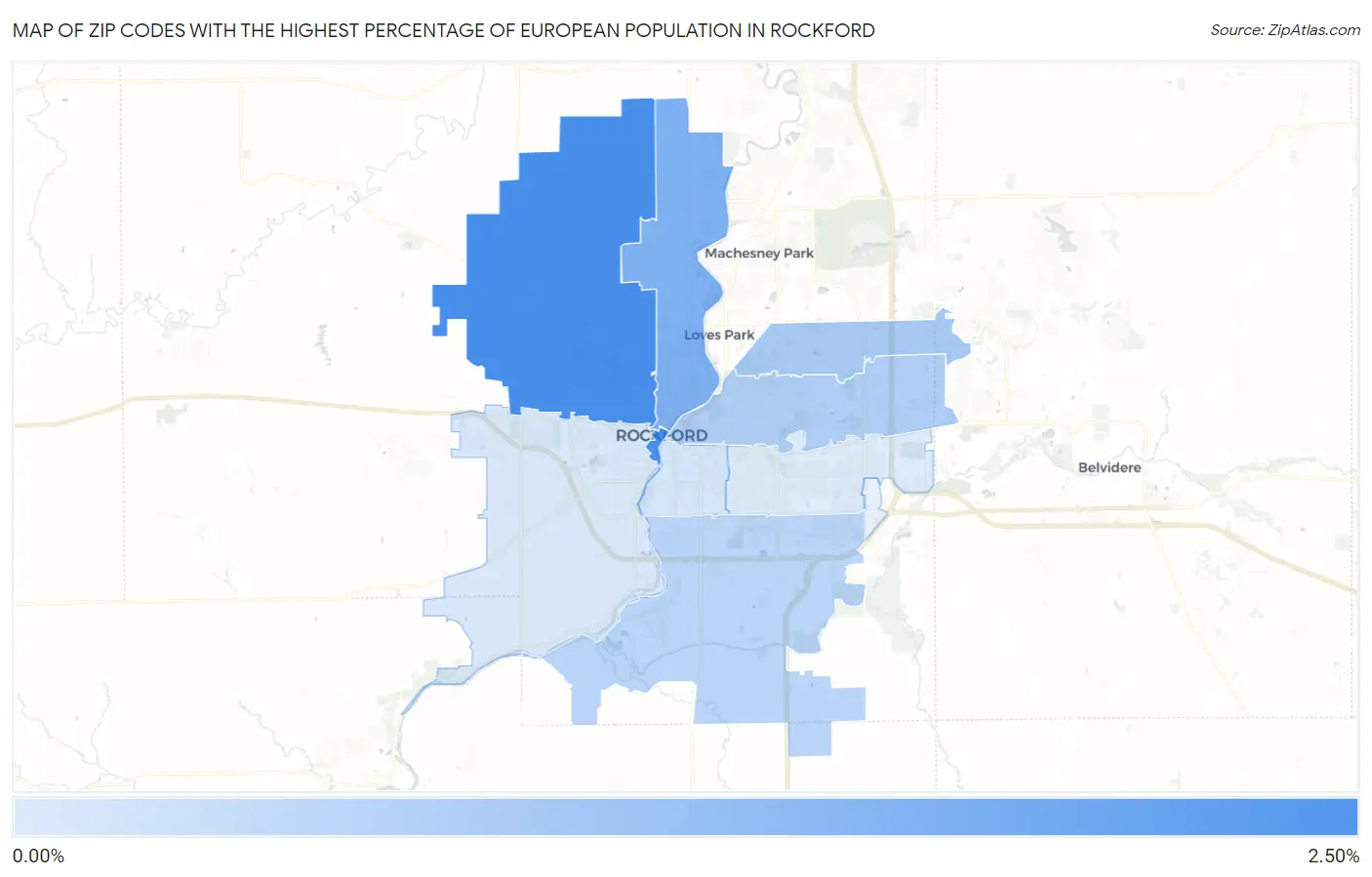 Zip Codes with the Highest Percentage of European Population in Rockford Map