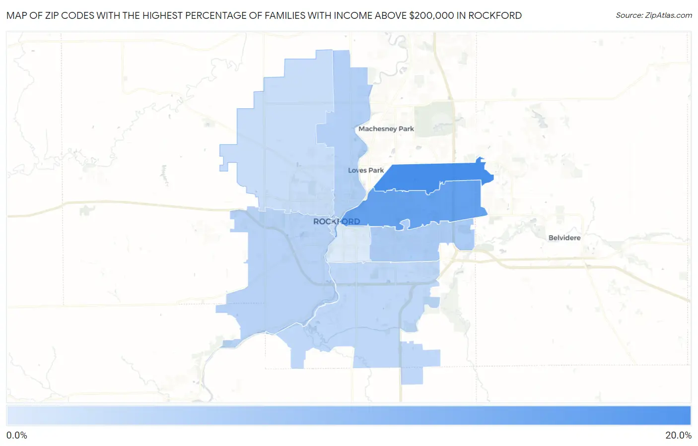 Zip Codes with the Highest Percentage of Families with Income Above $200,000 in Rockford Map