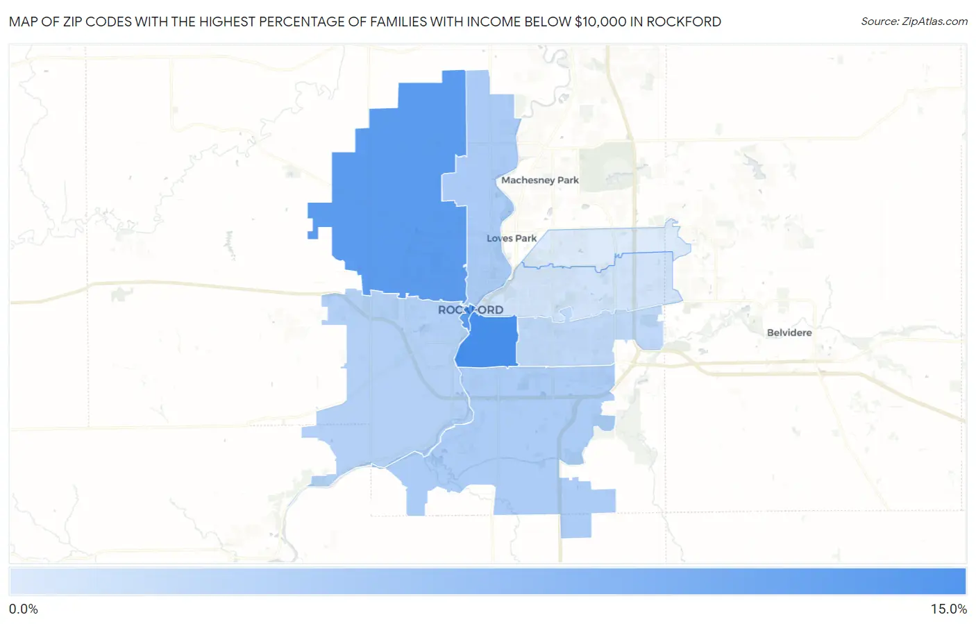 Zip Codes with the Highest Percentage of Families with Income Below $10,000 in Rockford Map