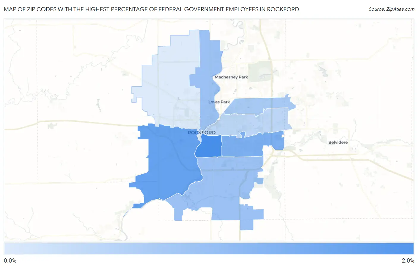 Zip Codes with the Highest Percentage of Federal Government Employees in Rockford Map