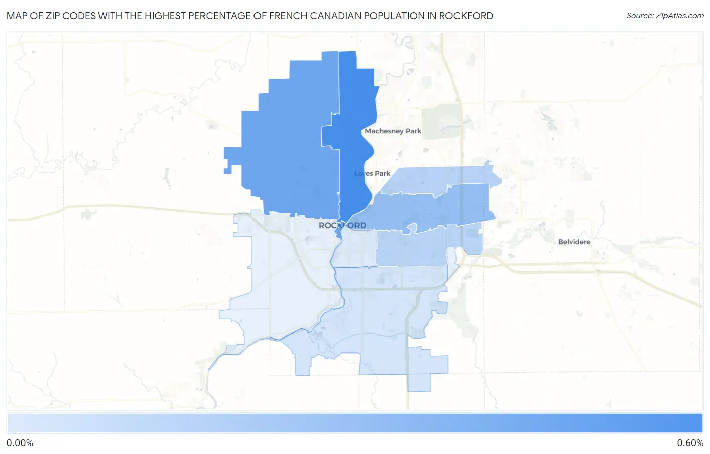 Zip Codes with the Highest Percentage of French Canadian Population in Rockford Map
