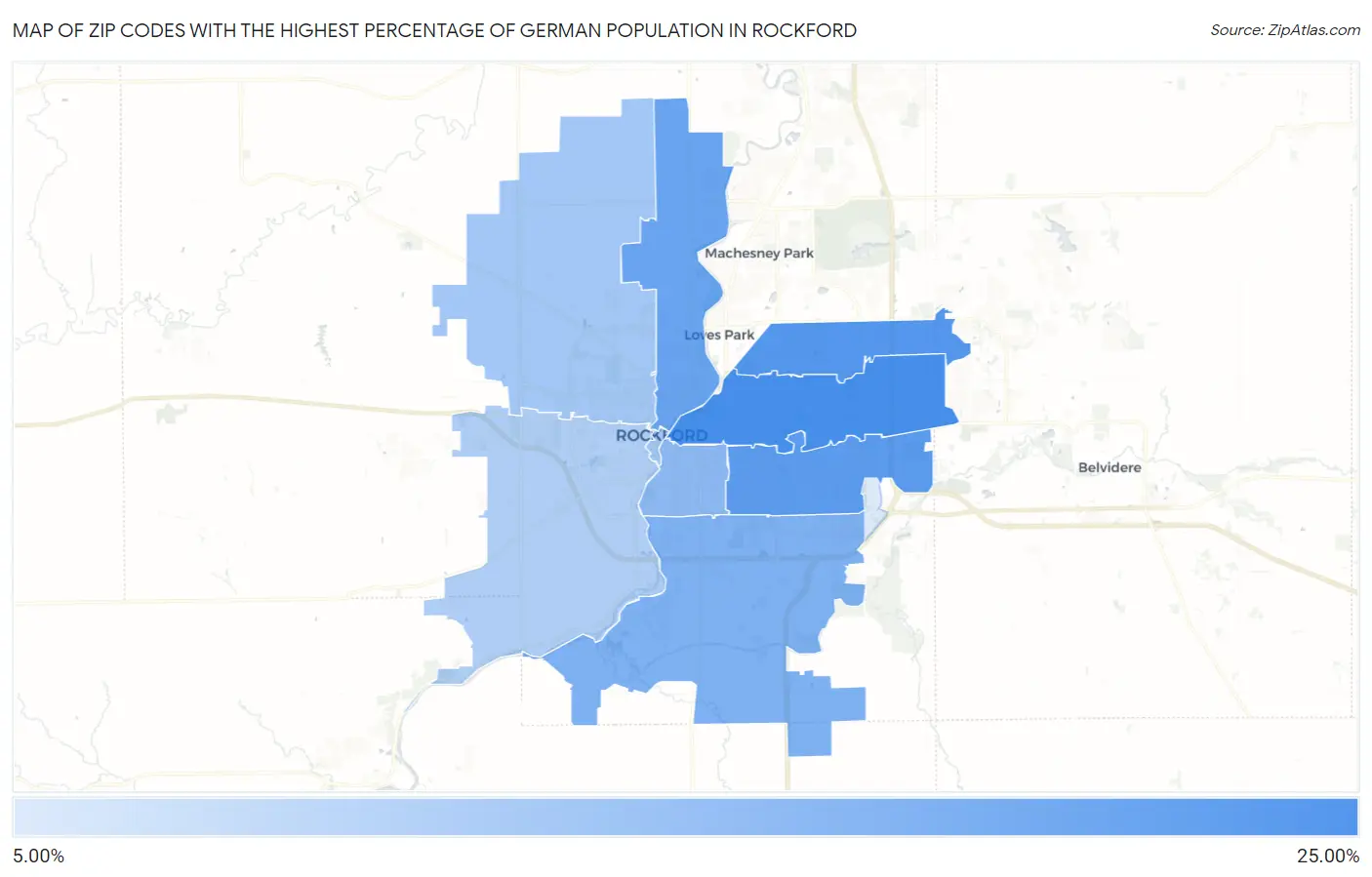 Zip Codes with the Highest Percentage of German Population in Rockford Map