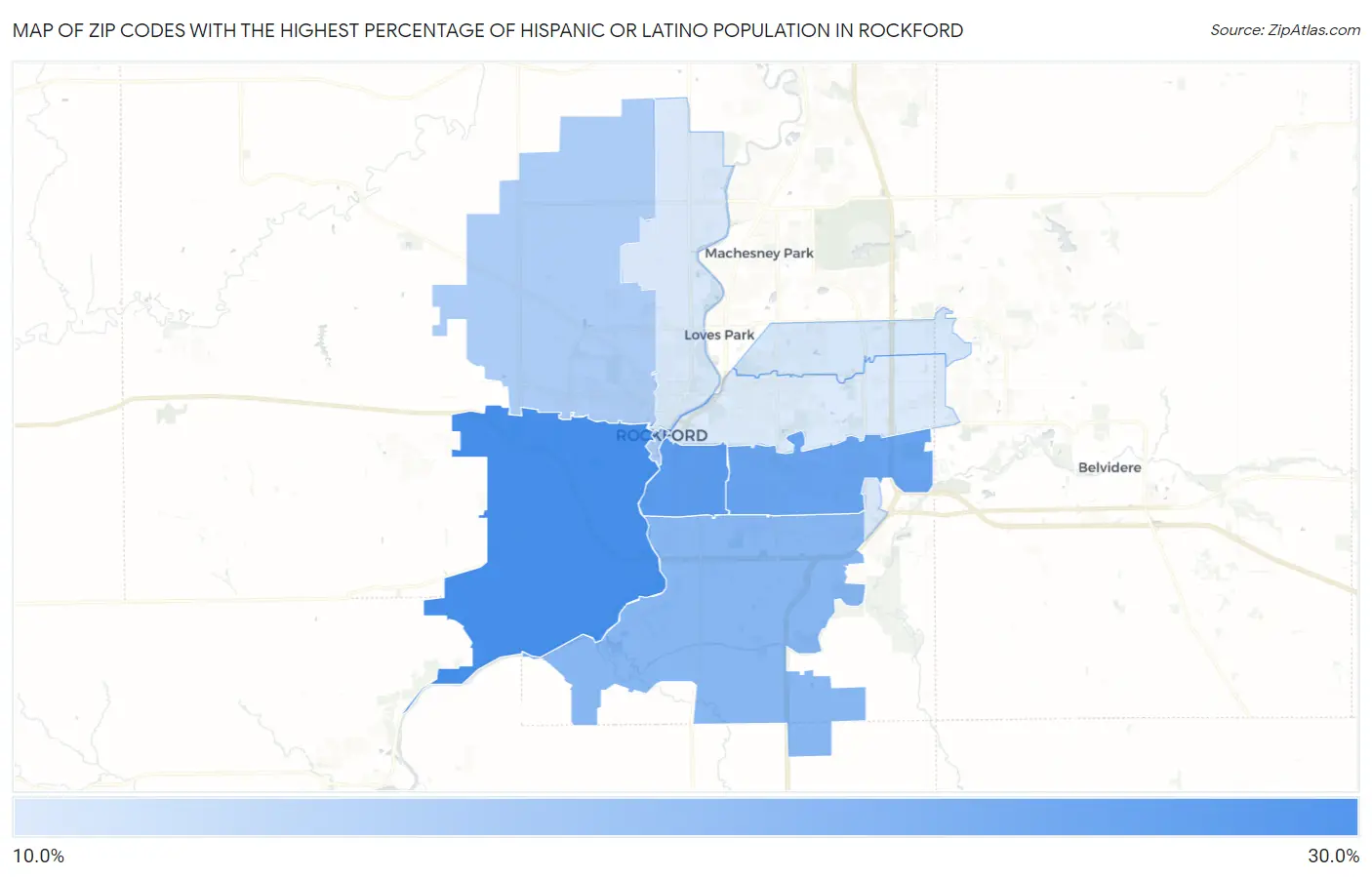 Zip Codes with the Highest Percentage of Hispanic or Latino Population in Rockford Map