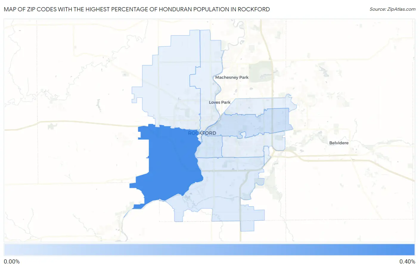 Zip Codes with the Highest Percentage of Honduran Population in Rockford Map