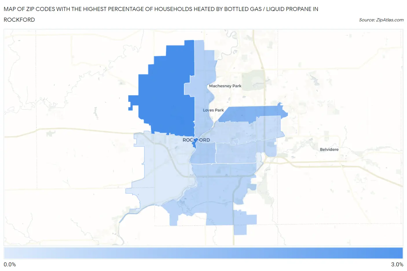 Zip Codes with the Highest Percentage of Households Heated by Bottled Gas / Liquid Propane in Rockford Map