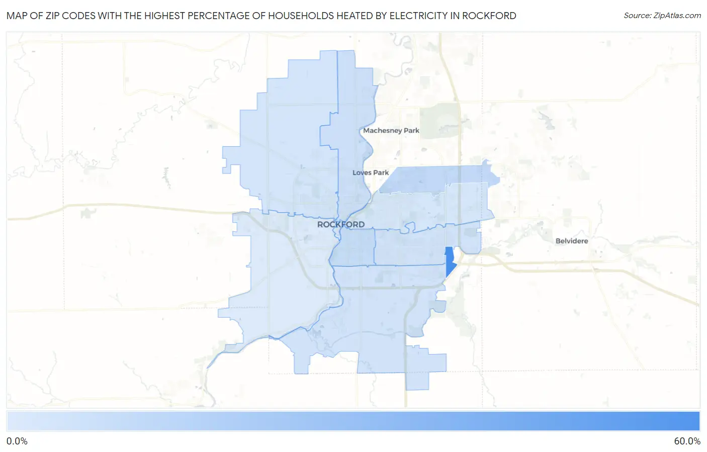 Zip Codes with the Highest Percentage of Households Heated by Electricity in Rockford Map