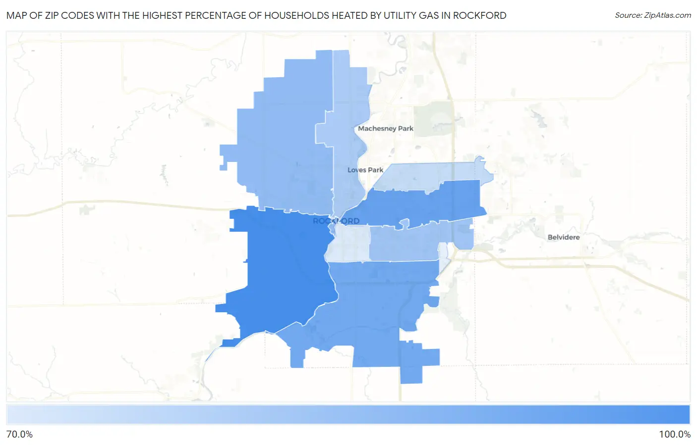 Zip Codes with the Highest Percentage of Households Heated by Utility Gas in Rockford Map