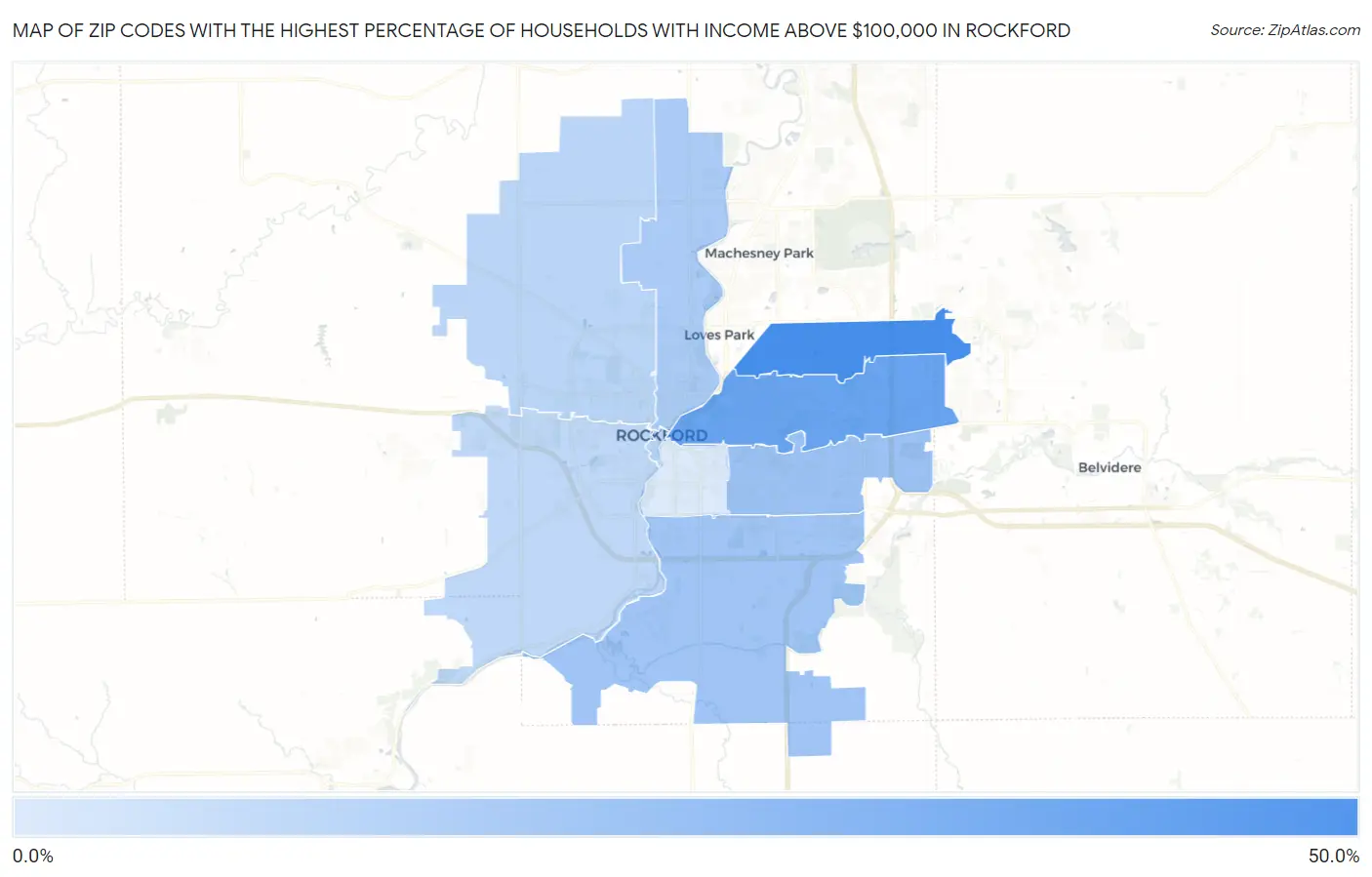 Zip Codes with the Highest Percentage of Households with Income Above $100,000 in Rockford Map