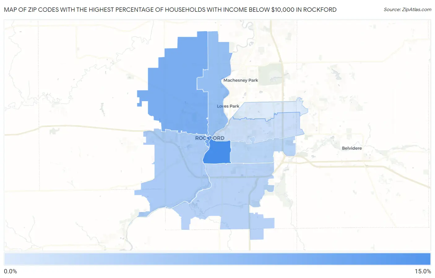 Zip Codes with the Highest Percentage of Households with Income Below $10,000 in Rockford Map