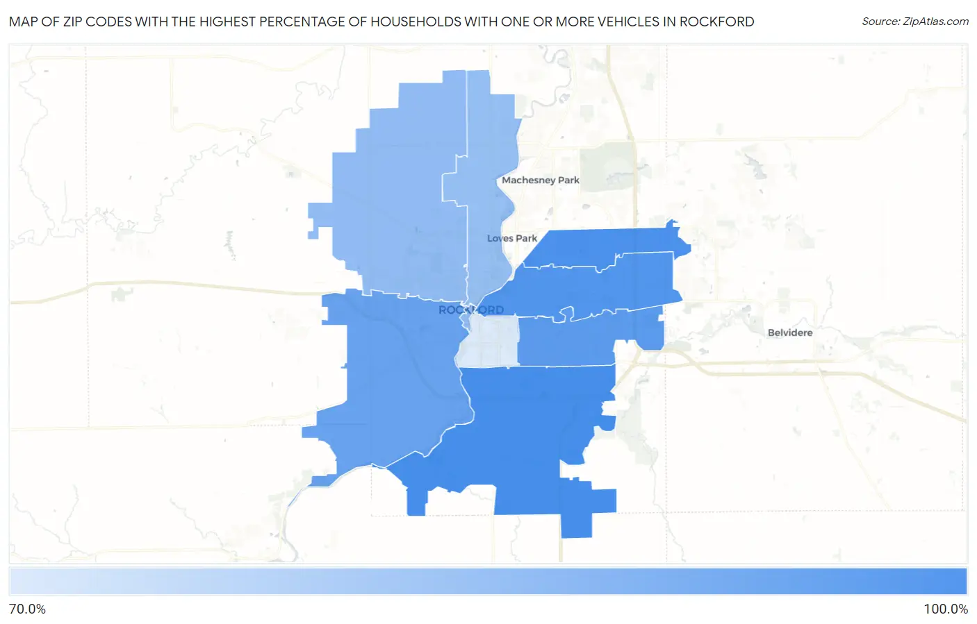 Zip Codes with the Highest Percentage of Households With One or more Vehicles in Rockford Map
