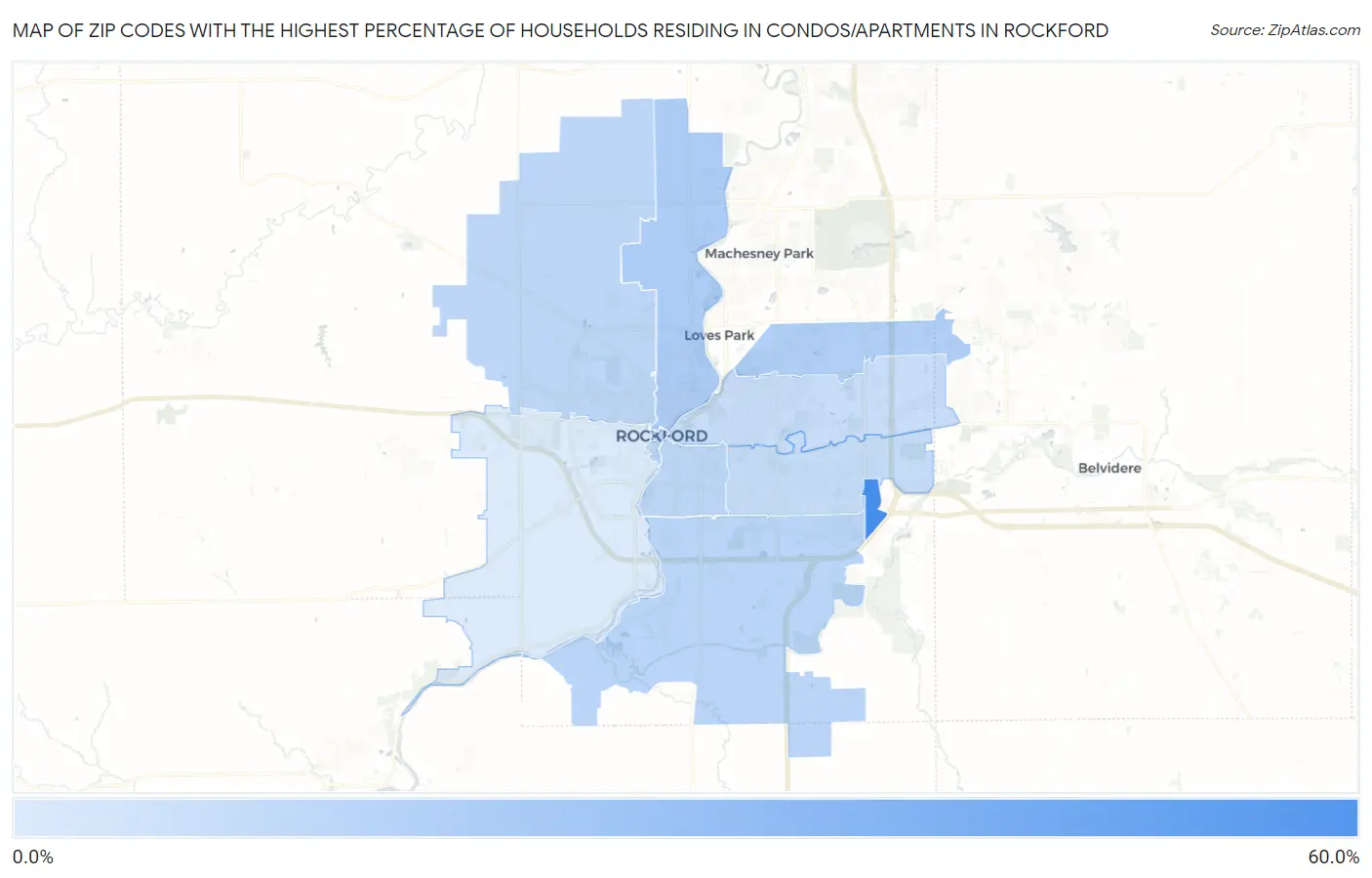 Zip Codes with the Highest Percentage of Households Residing in Condos/Apartments in Rockford Map