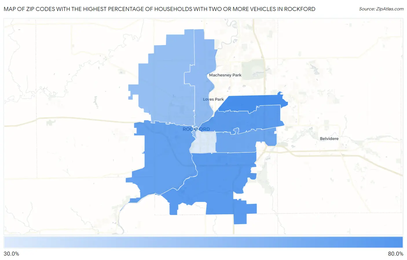 Zip Codes with the Highest Percentage of Households With Two or more Vehicles in Rockford Map