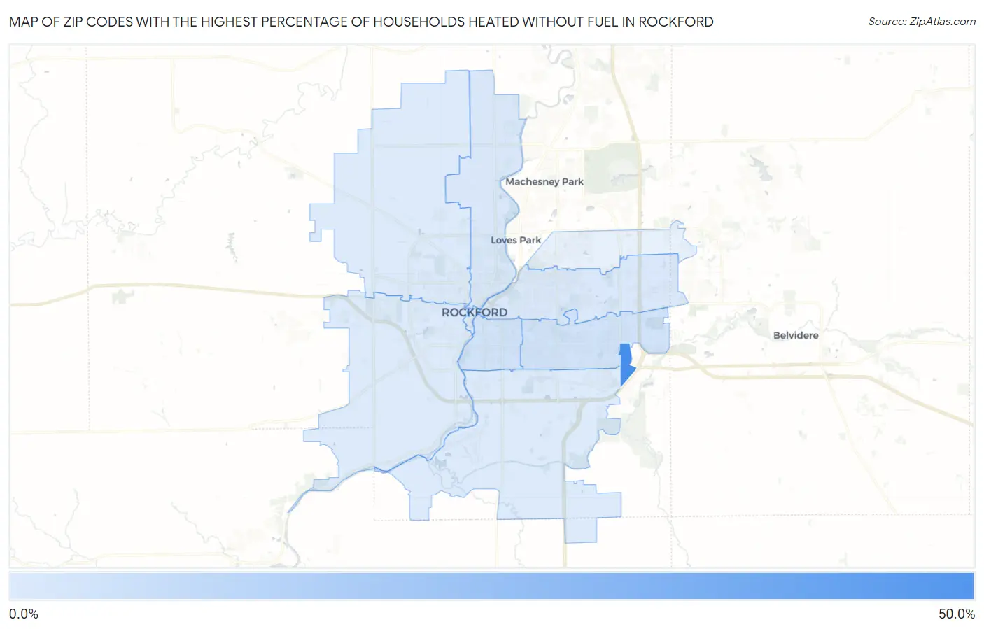 Zip Codes with the Highest Percentage of Households Heated without Fuel in Rockford Map