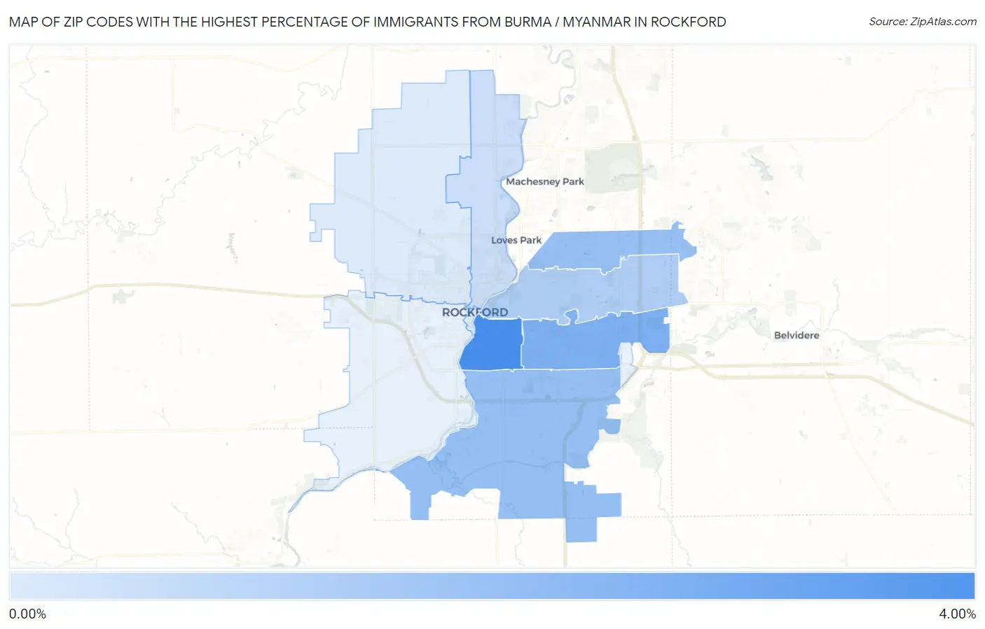 Zip Codes with the Highest Percentage of Immigrants from Burma / Myanmar in Rockford Map