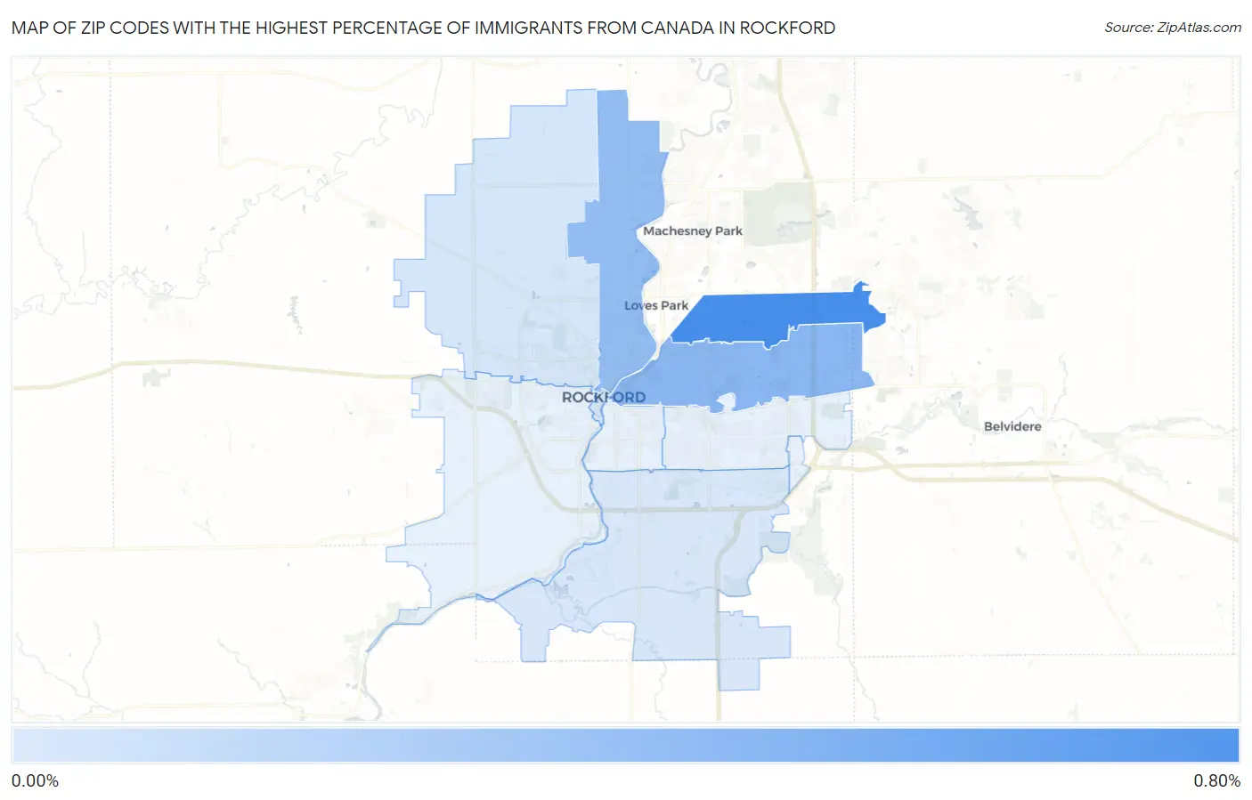 Zip Codes with the Highest Percentage of Immigrants from Canada in Rockford Map