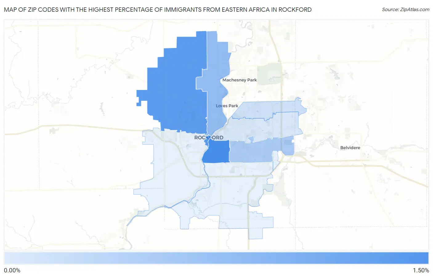 Zip Codes with the Highest Percentage of Immigrants from Eastern Africa in Rockford Map