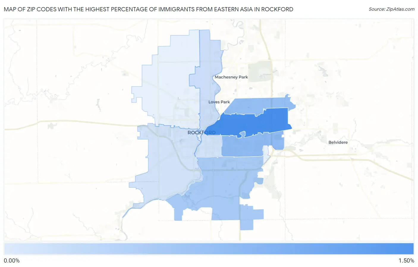 Zip Codes with the Highest Percentage of Immigrants from Eastern Asia in Rockford Map