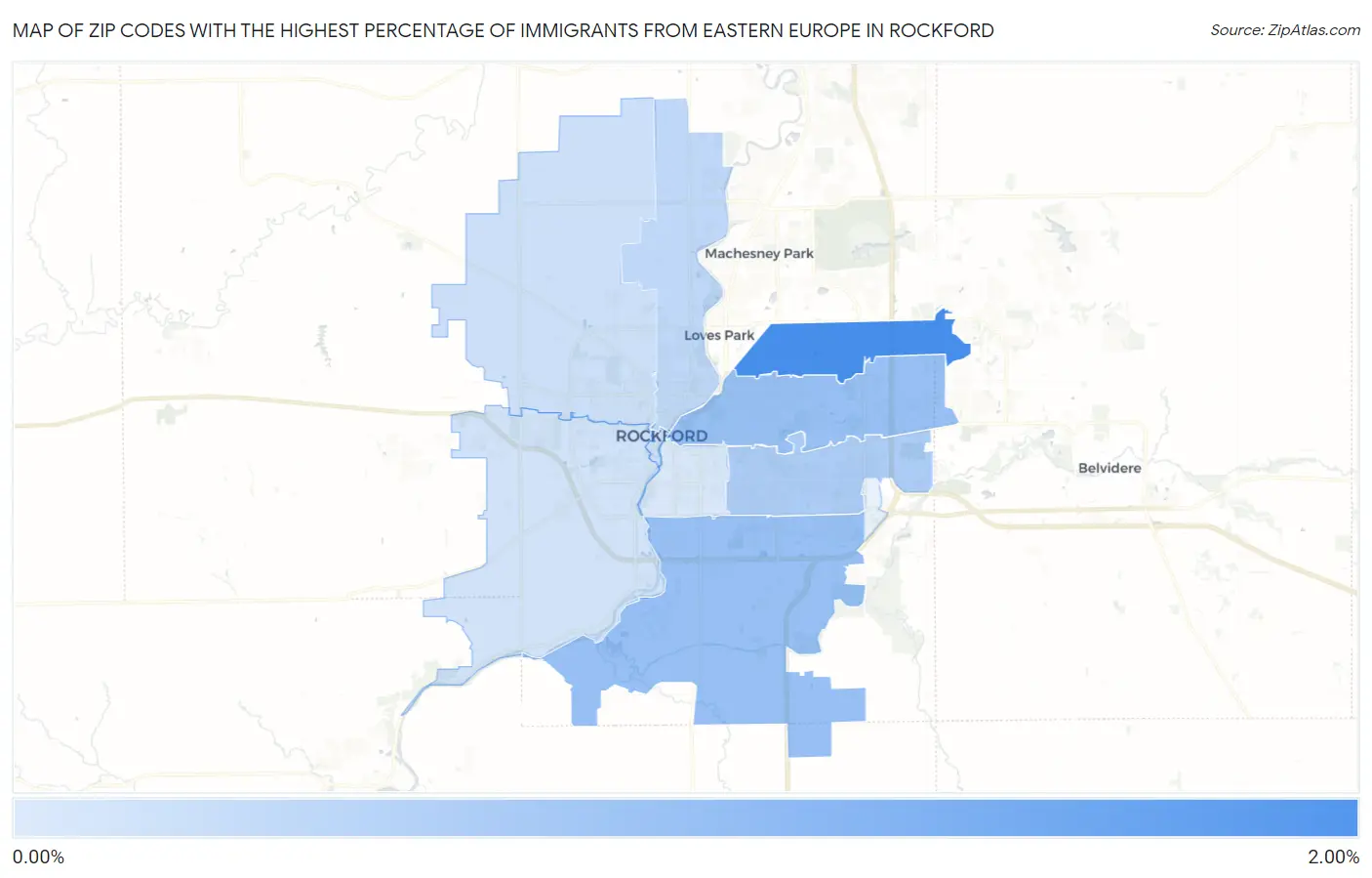 Zip Codes with the Highest Percentage of Immigrants from Eastern Europe in Rockford Map