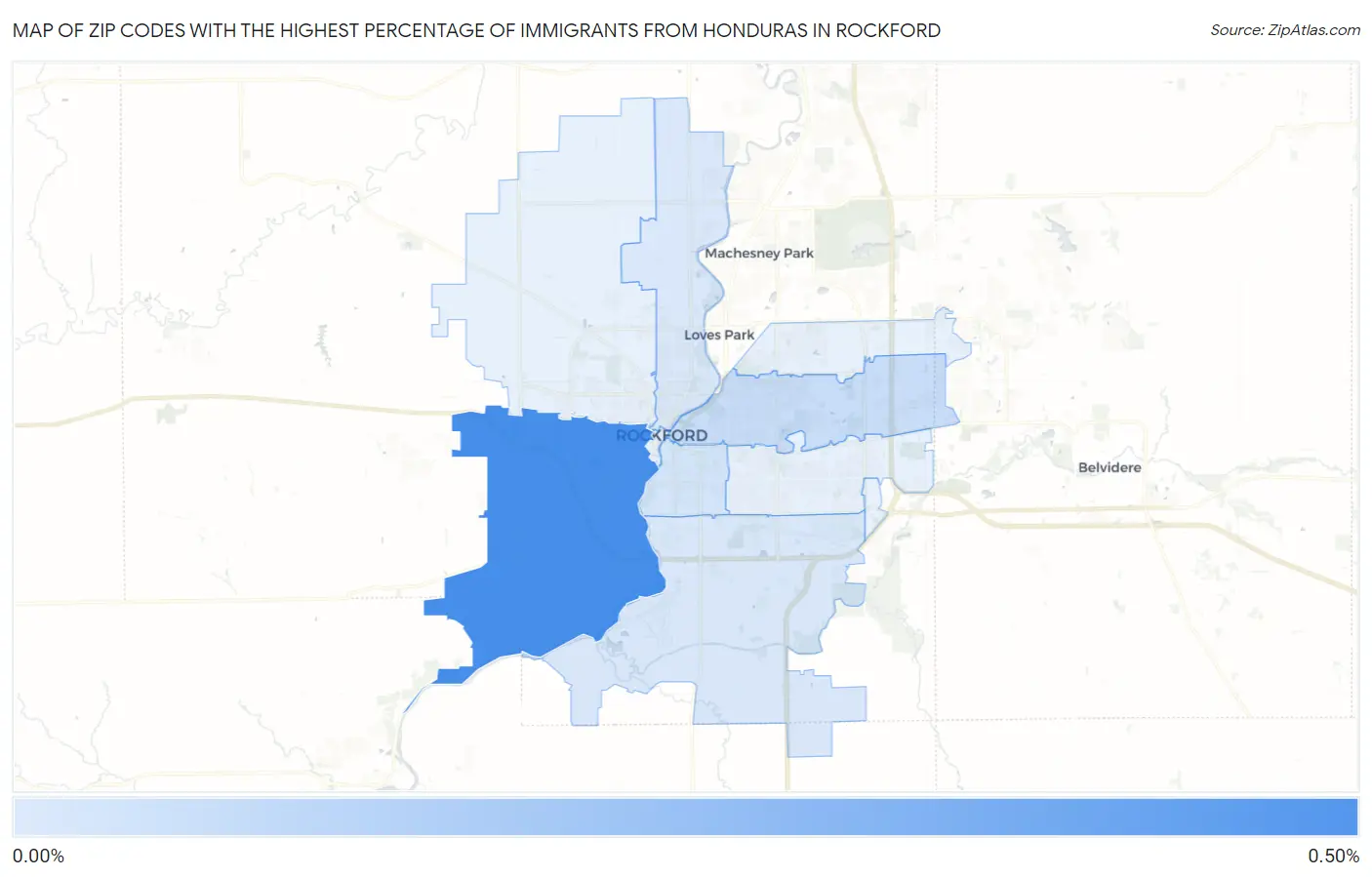 Zip Codes with the Highest Percentage of Immigrants from Honduras in Rockford Map