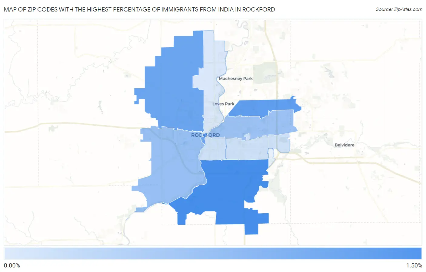 Zip Codes with the Highest Percentage of Immigrants from India in Rockford Map