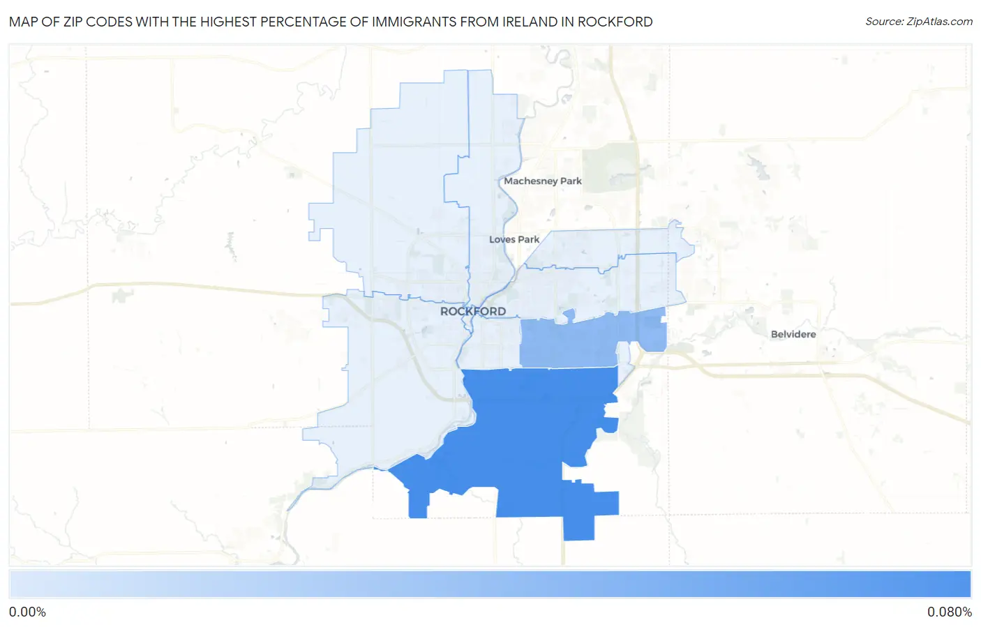 Zip Codes with the Highest Percentage of Immigrants from Ireland in Rockford Map