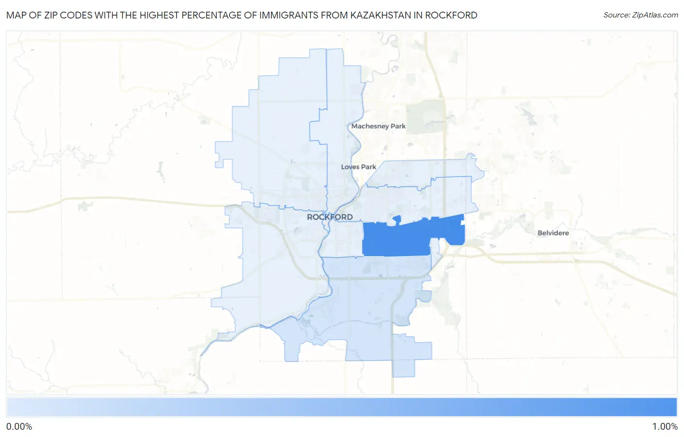 Zip Codes with the Highest Percentage of Immigrants from Kazakhstan in Rockford Map