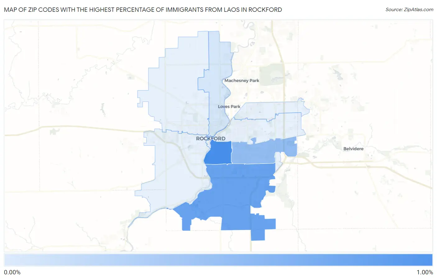 Zip Codes with the Highest Percentage of Immigrants from Laos in Rockford Map
