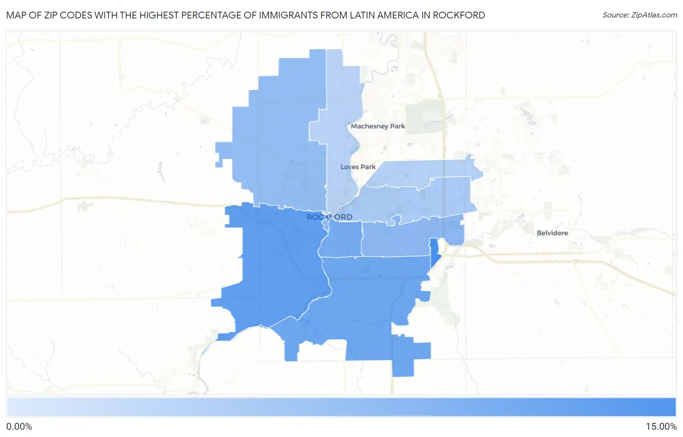 Zip Codes with the Highest Percentage of Immigrants from Latin America in Rockford Map