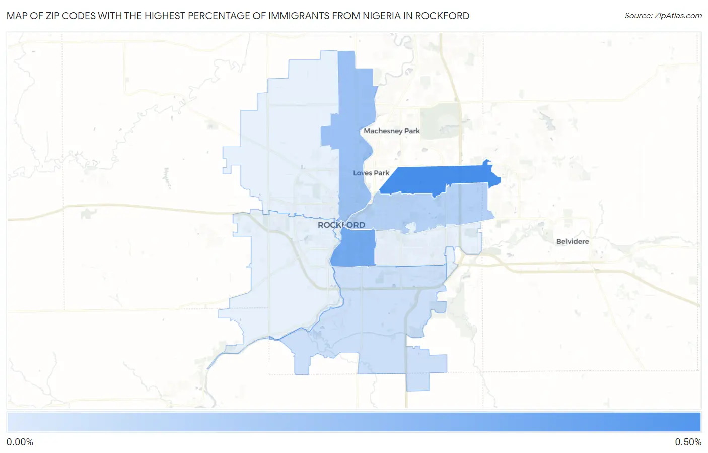 Zip Codes with the Highest Percentage of Immigrants from Nigeria in Rockford Map