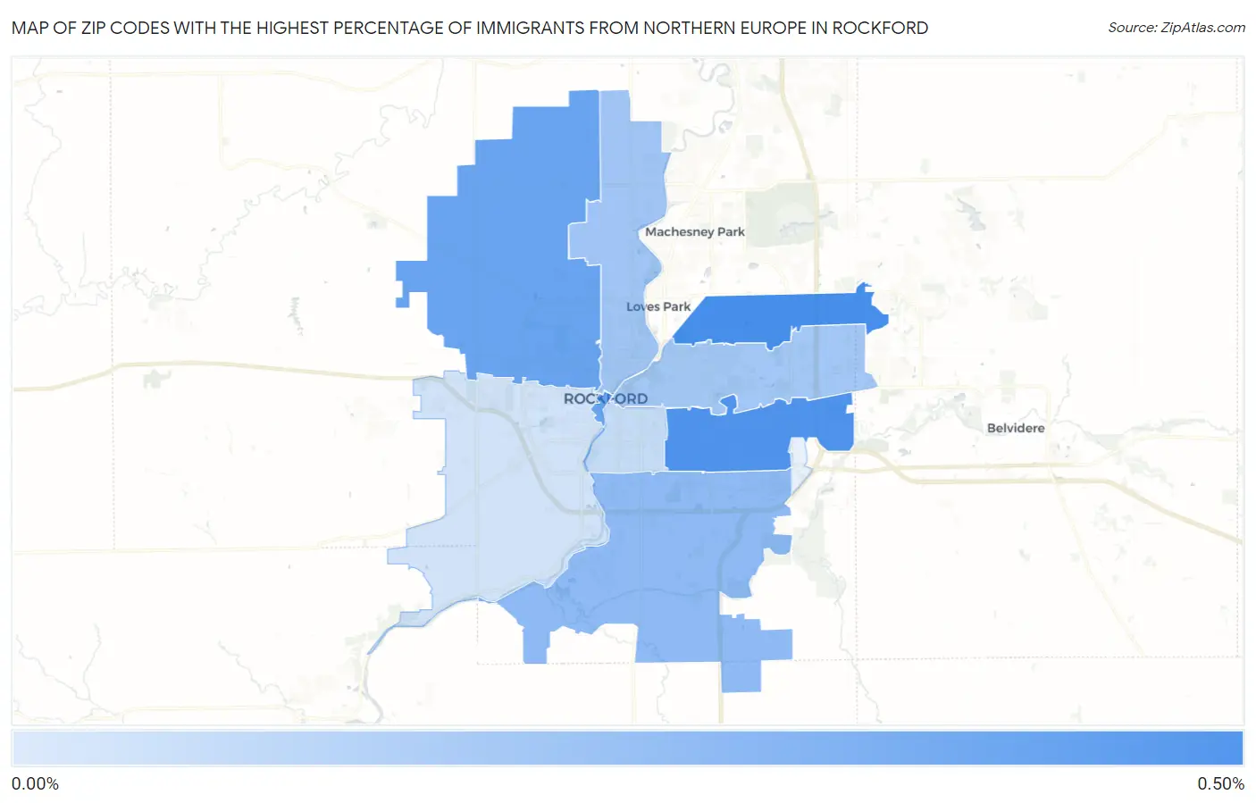 Zip Codes with the Highest Percentage of Immigrants from Northern Europe in Rockford Map