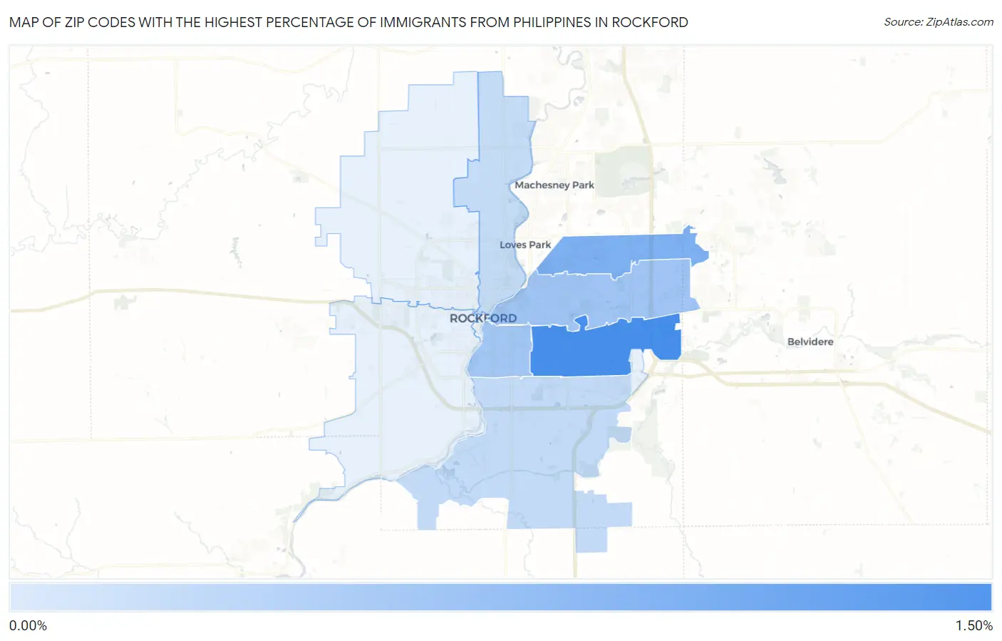 Zip Codes with the Highest Percentage of Immigrants from Philippines in Rockford Map