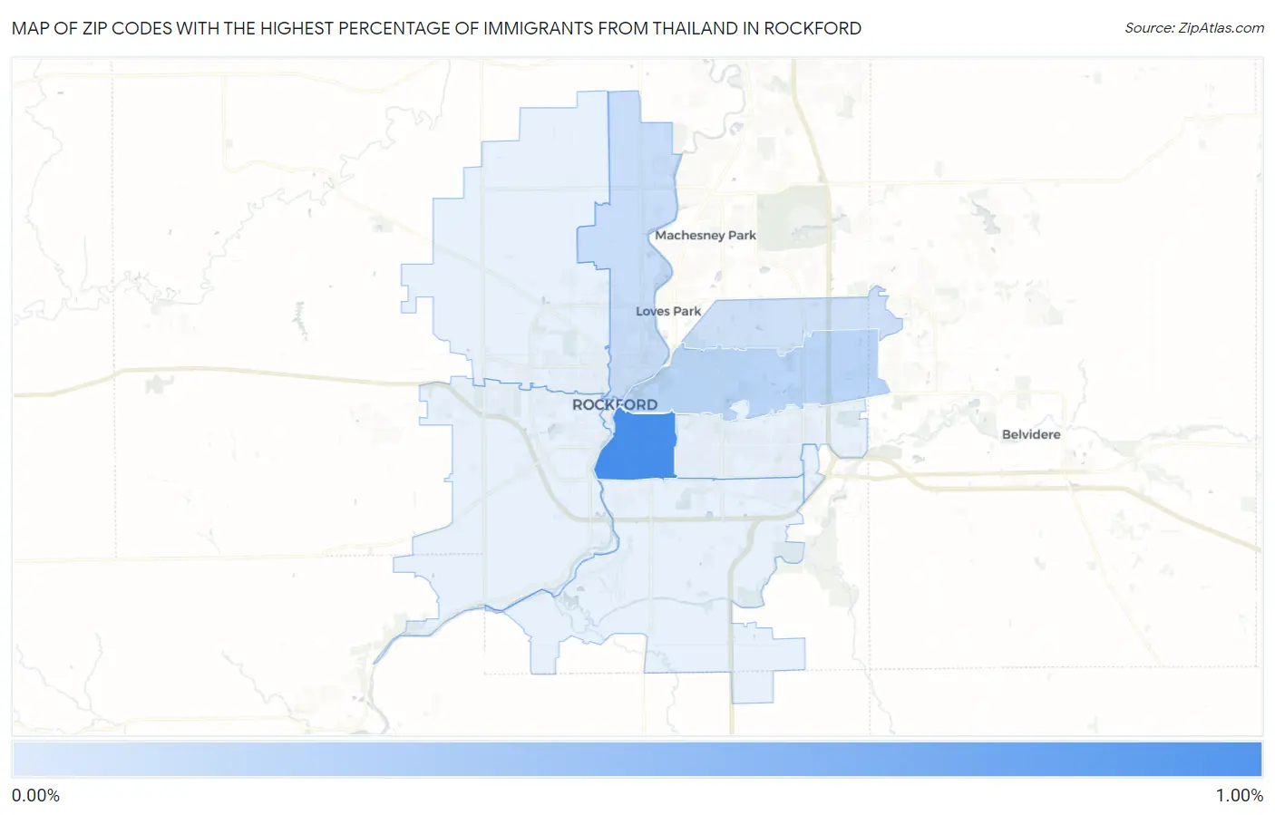 Zip Codes with the Highest Percentage of Immigrants from Thailand in Rockford Map